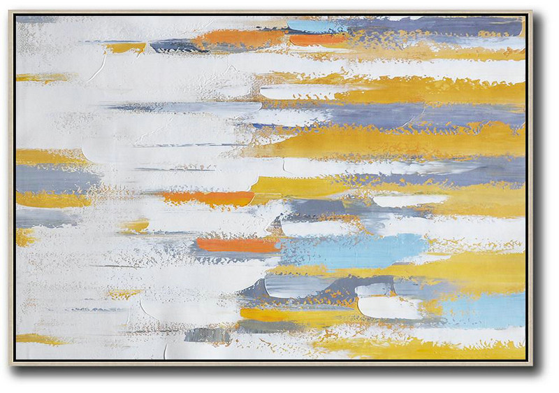 Oversized Contemporary Painting On Canvas,Giant Canvas Wall Art,Yellow,White,Grey